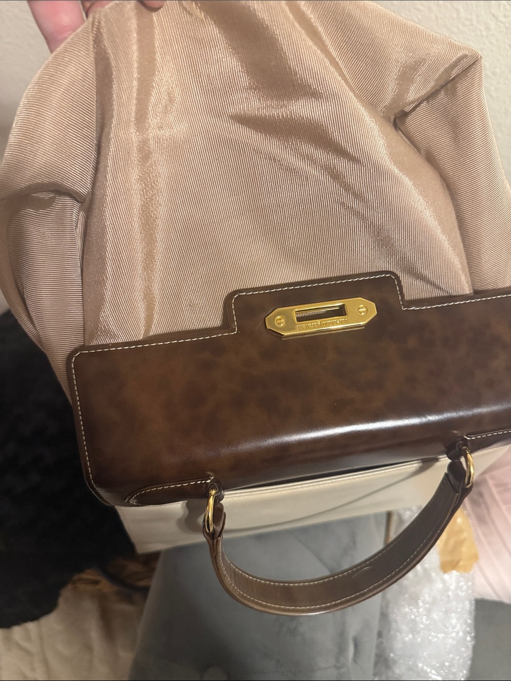 Valentino Garavani Two-Tone Cream and Dark Brown Leather Top-Handle Satchel - Picture 8 of 11